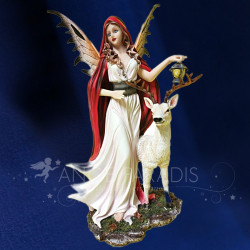 Statuette Fée Rouge À La Lanterne Et Cerf