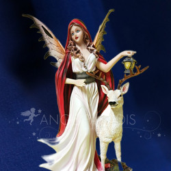 Statuette Fée Rouge À La Lanterne Et Cerf