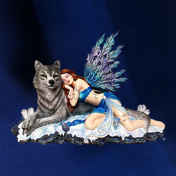 Statuette Fée Bleue Allongée Avec Loup