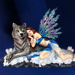 Statuette Fée Bleue Allongée Avec Loup