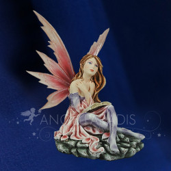 Statuette fée rose rêveuse assise, figurine décorative