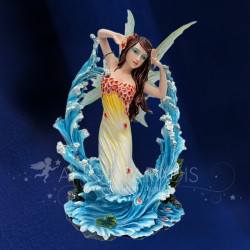 Statuette fée de l’eau bleue sur vague, grande figurine décorative