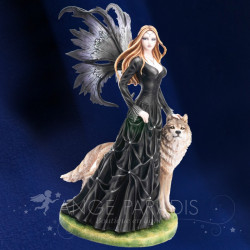 Figurine fée sombre avec loup – Grande statuette fantasy
