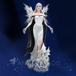 Statuette fée blanche avec dragon argenté – grande taille